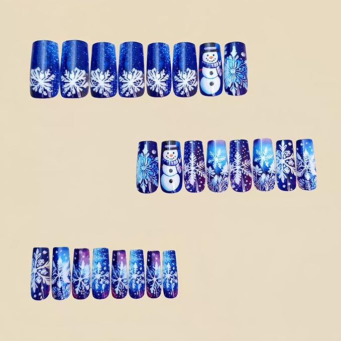 Christmas Press on Nails Medium Square Fake Nails with Snowflake Snowman Designs Blue Xmas False Nail Winter Acrylic Stick on Nail for Women 24 Pcs