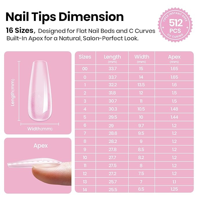 Beetles Tipex Lite Apex Nail Tips, Coffin Long, 512pcs 16 Sizes,Pre-Building Pre-Etched Acrylic Nail Tips for Flat Nails & Natural Nail Beds