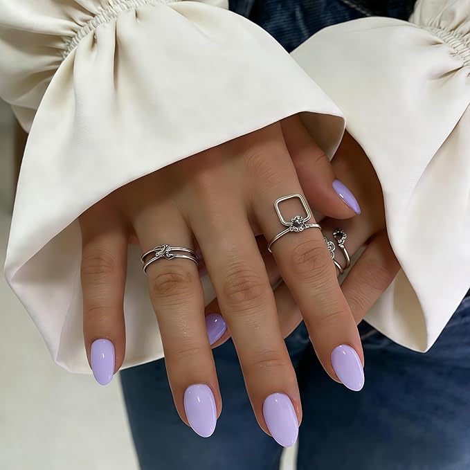 KQueenest Press On Nails Short - Lilac Press On Nails Oval, 32 Pcs 16 Sizes Natural Short Fake Nails Press ons Almond, Reusable Glossy Elegant Lavender Glue on Nail with Glue for Everyday Office Wear