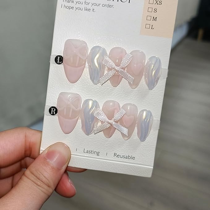 Lovely Sweet Cute Pink Nails Aurora Glitter French Tip Press On Nails Short Almond Soft Gel Fake Nails With Sparkling Waves 3D Bow Ties 10pcs/Box Acrylic Stick on Nails For Women Girls(L)