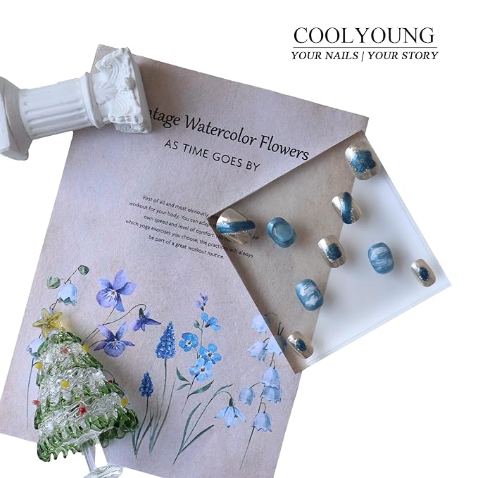 Handmade Nails Blue 3D Press On Nails Acrylic Press Ons Short Handmade Natural Nails Durable Press On Nails Ladies Gifts COOLYOUNG False Nails, 10 PCS, Size L