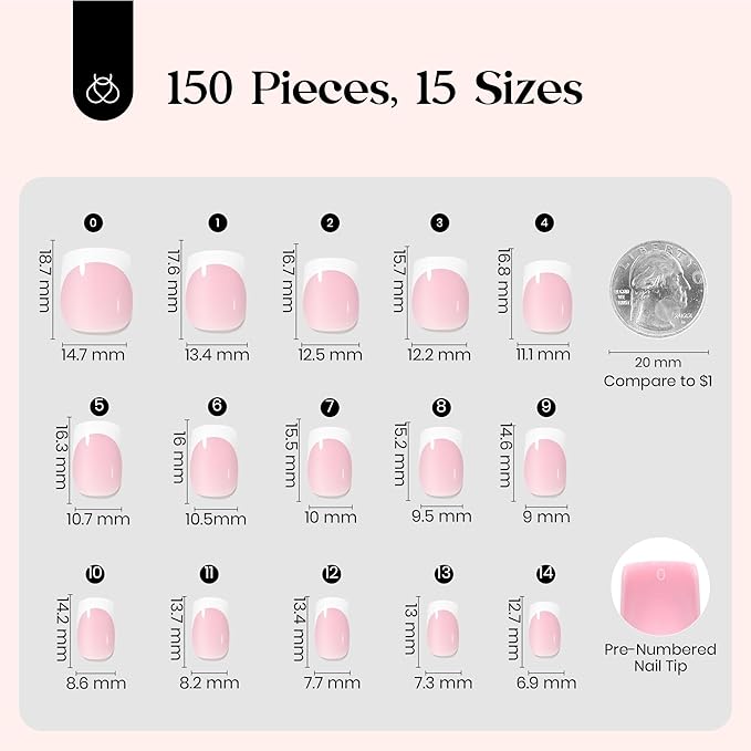 Beetles French Tips Press On Nails: 150 Pcs Pink Short Square Press On Nails Fake Nail Tips, Soft Gel Nail False Nails Art DIY Gifts For Women