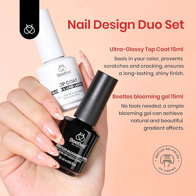 Beetles Blooming Gel and Glossy Top Coat Set, 2 Pcs 15ml Soak Off UV LED Gel Nail Polish, Easy Marble Watercolour Blooming Effect, Long Lasting High Shine Finish