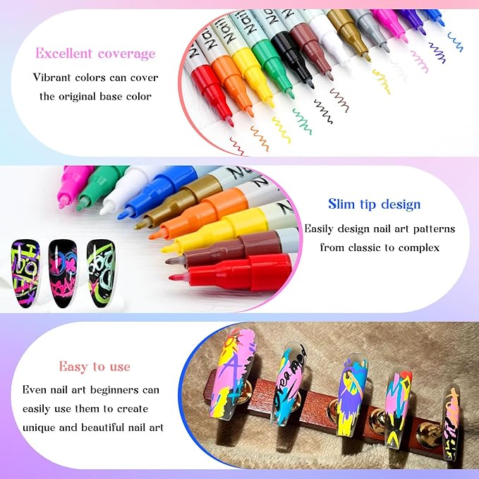Waterproof Nail Art Pen, 12 Colors Nail Art Pen Set, 0.5mm Precision Control, Quick Drying Markers for & DIY, Complete Kit with Fine Tip Pens