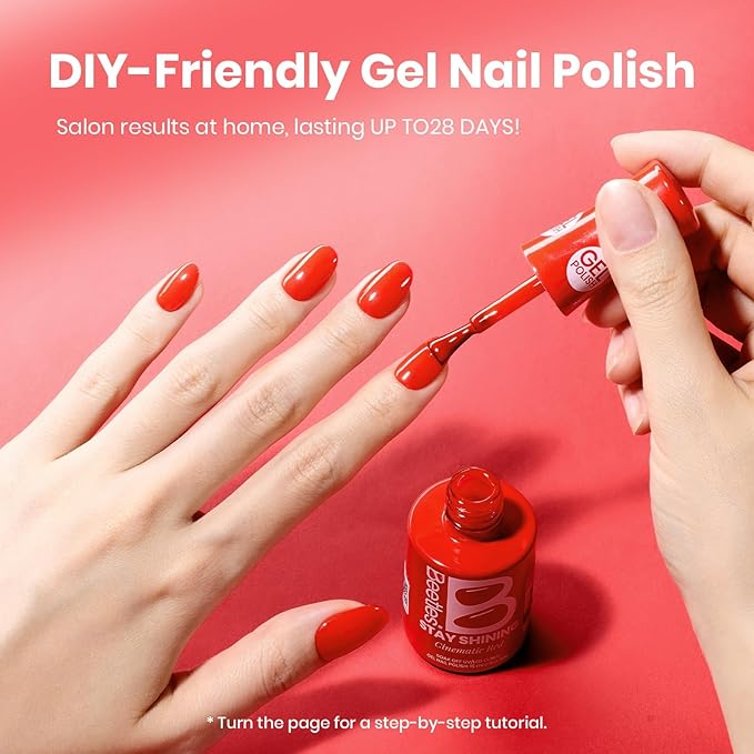 Beetles Red Gel Polish - 15ML/0.51Fl Oz, Red Gel Nail Polish, Same Color Same Bottle STAY SHINING Series, Soak Off UV LED Lamp Spring Nails Art, Long-Lasting Manicure Salon DIY Home Valentines Nails