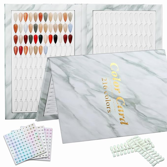 216 Nail Colors Book,Professional Nail Polish Chart Book with 240 Practice Tips & 1-300 Number Labels, Pre-Numbered Slots,Perfect for Salons and Home Use(Marble)