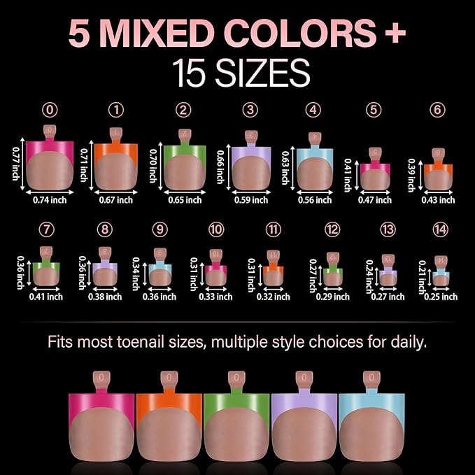 AILLSA Toe Nail Press Ons, French Tips Toe Press On Nails, 5 Mixed Summer Colors 15 Sizes Short Square Full Cover Fake Toenails 150PCS, Brown Pink Acrylic Wearable DIY Nail Art for Women