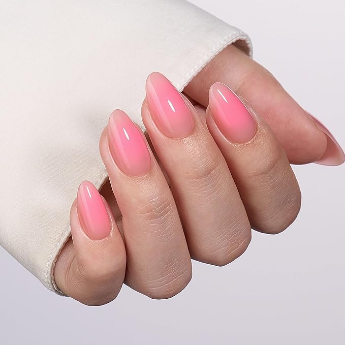 VSALON Almond Short Press On Nails, Sakura Pink Aura Light Curable Sheer Jelly Finish False Nails, Reusable Gel Glue on Nails Kit with Glue - 32 pcs in 16 Sizes