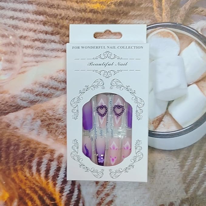 24Pcs CEWEWP Purple Press on Nails Long Coffin False Nails with Pearl Charm Rhinestone Design Glossy Stick on Nails for Women