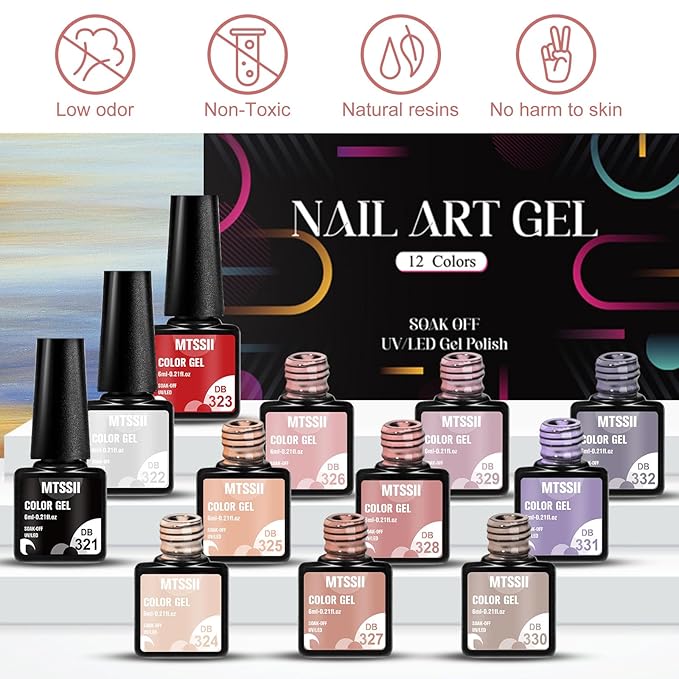 MTSSII Gel Nail Polish Set, 12PCS Nude Violet Black White Gel Nail Polish Kit, Soak Off UV/LED Nail Polish Nail Art Design Salon Home Gifts for Women