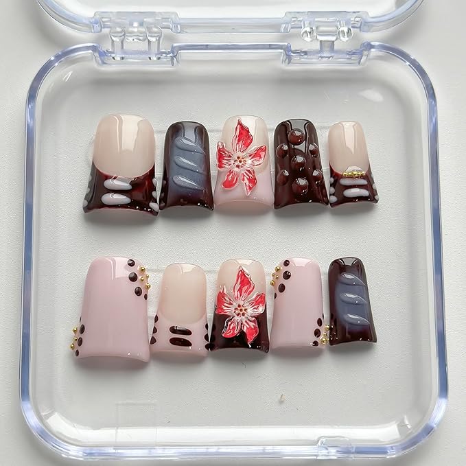 Luxury Press on Nails Short Duck Handmade 3D Unique Reusable ABS Material Fake Nails French Tip False Nails with Designs Flower Polka Dots Purple Glossy Glue on Nail Thick Acrylic Nail(S)