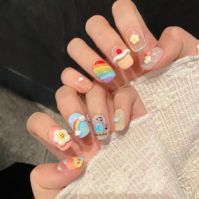 Rainbow Cartoon Press on Nails Short Square - 5D Embossed Sunflower & Mini Colorful Charms Design, Cute False Nails for Women and Girls(Cartoon Drawing,L)