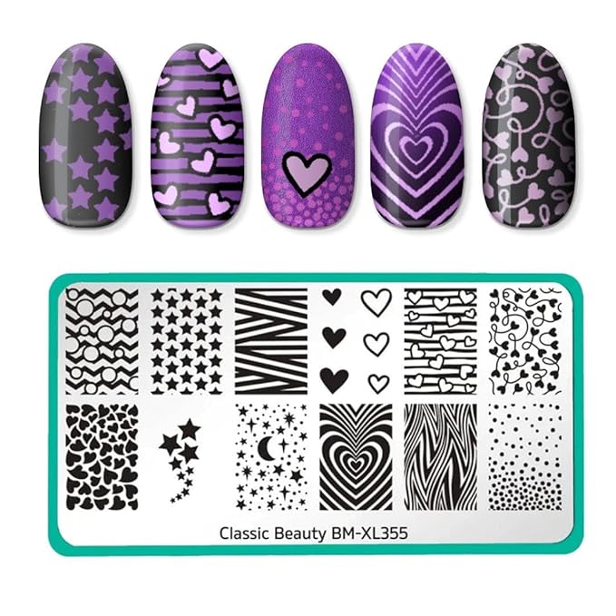 Maniology Hearts + Stars (BM-XL355) Nail Stamping Plate, Classic Beauty, Simple, Easy Beginner Nail Designs