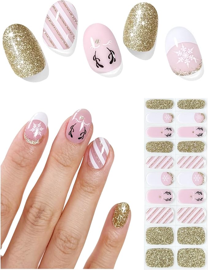 Semi Cured Gel Nail Strips (Reindeer), Christmas Gold Glitter, 20 Pcs Gel Nail Wraps, Stickers, Snowflake, Long Lasting, Works with Any UV Lamps