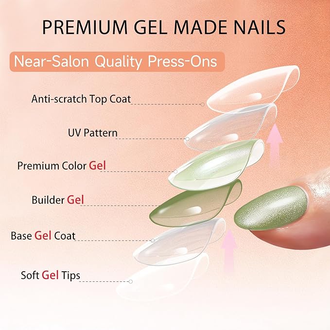 Cat Eye Press on Nails Short, Chrome Press on Nails Oval, Thick Glazed Pastel Green Fake Nails Press ons for Women, Reusable Magnet Bling Glitter Glue On Nails Almond in 15 Sizes, Matcha 30 Pcs