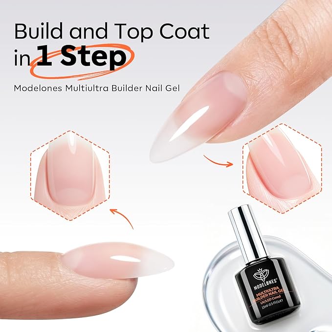 modelones Builder Nail Gel, Clear Builder for Nails No Top Coat Needed, C-Curve Sculpting, Glossy Jelly Finish Crystal Clear, No-Wipe, 9-in-One LED Lamp Cured Color Gel Polish for Quick Diy Salon