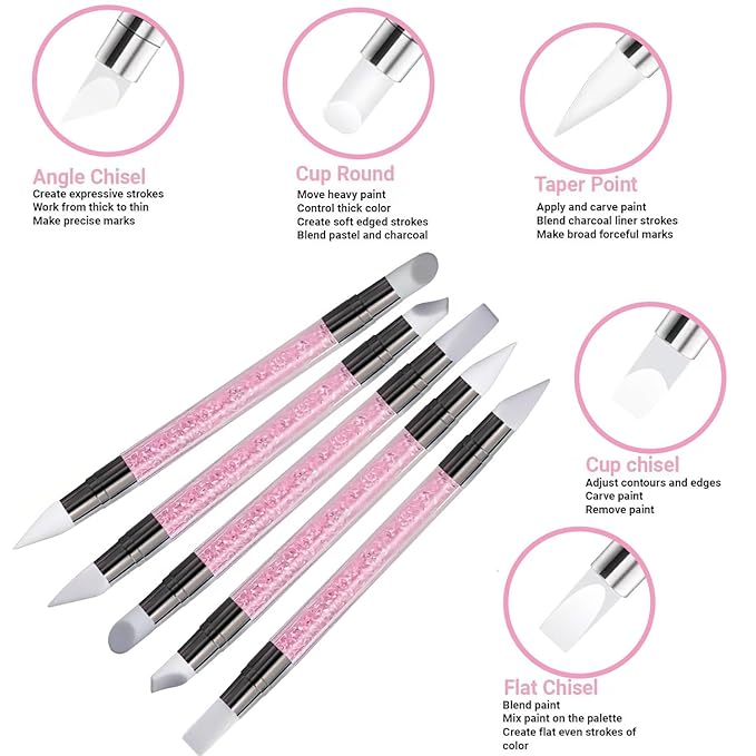 5Pcs Double-Ended Silicone Nail Art Brushes, Dual-Tip Dotting & Sculpting Tools for Gel Polish, 3D Nail Art, Shaping, Drawing, Embossing & Manicure Clean Up-Pink