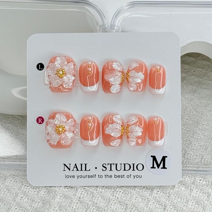 Handmade Press on Nails 3D Flower Embossed False Nails Short Square White French Acrylic Nails Reusable 3D Flower and Pearl for Girls Manicure Art Decoration Accessories (Size S)