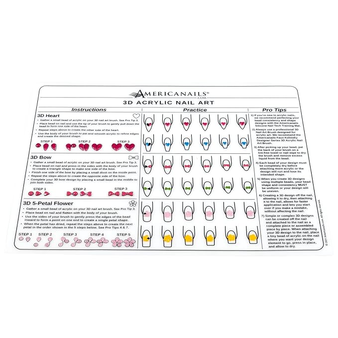 Americanails 3D Acrylic Nail Art Training Mat - Silicone Trainer Sheet for 3D Acrylic Nail Art Design - Step-by-Step Instructions & Diagrams - Create Hearts, Bows & Flowers - Protects Desk Surface