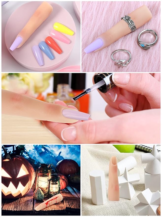 2 Pieces Silicone Practice Fingers for Acrylic Nails, Fake Training Hand Finger Model Flexible Bendable Mannequin Finger, Soft Realistic Joint Nail Practice Fingers with Makeup for Nail Art (Color 1)