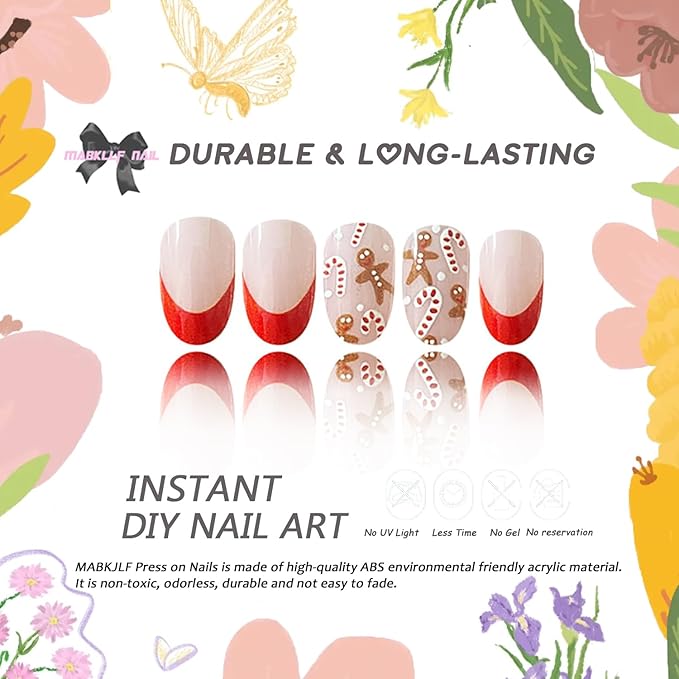 Christmas Press on Nails Medium Almond MABKJLF Fake Nails French Tip False Nails with Cane Candy Gingerbread Man Designs Glossy Glue on Nail Winter Acrylic Nails for Women Girls 24Pcs