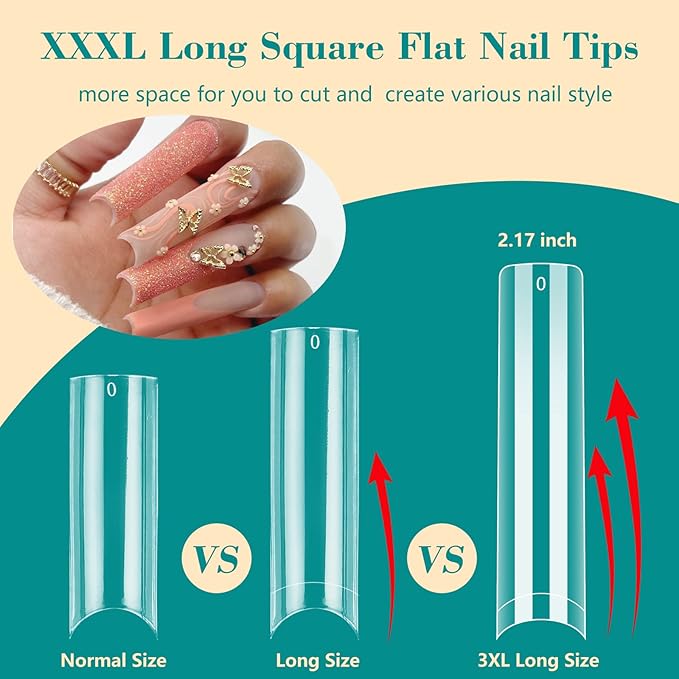 504PCS 3XL Tapered Square Nail Tips, No C Curve Flat Half Cover Extra Long False Nail Tips Fake Nail Extension for Nail Salon Home DIY,12 Sizes