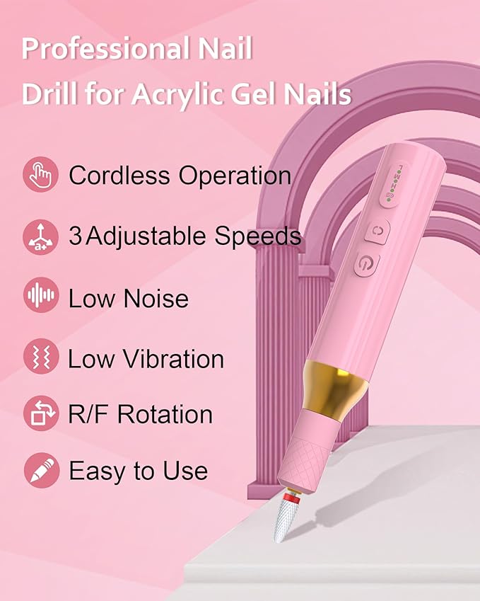 Electric Cordless Nail Drill Portable Nail Drill Machine for Gel Acrylic Nails, Rechargeable Nail File for Home Salon Electric Nail File Pink