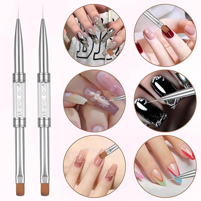 4Pcs Double Ended Nail Builder Gel Brushes, French Tip Brush Hard Gel Brushes, Liner Brush Nails Hard Gels Nail Builder Gels Pen for Salon-Grade Professional Nails Art Design(White)