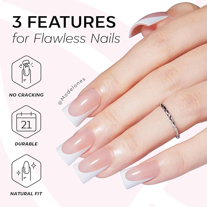 Modelones French Tip Press on Nails Short, Duck Fake Nails TIps, Reusable Nail Kit with Nail Glue Adhesive Tabs Mini Nail File, Nails Press Ons 30Pcs 15Sizes, Women Girl Gift