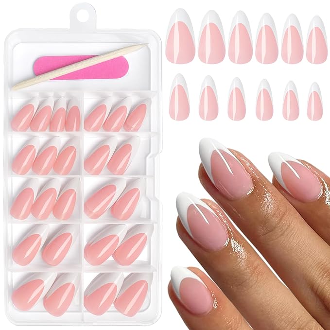 AddFavor 120pcs French Tip Press on Nails Medium Almond Fake Nails White French Tip Nails Gel Glossy Nude Nails Press on Artificial False Nail with Adhesive Tab for Women Girls