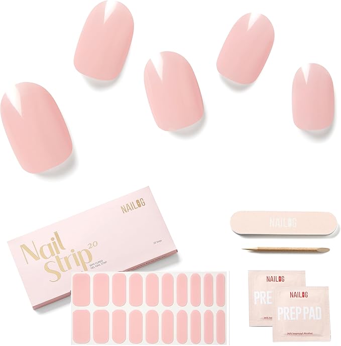 Semi Cured Gel Nail Strips - NAILOG 20 Pcs Pink Nail Stickers Extra Long Wraps with Glossy Gel Finishing for Spring Summer, Rosy Veil