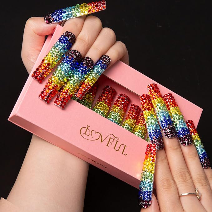 LOVFUL Press on Nails Rainbow | Handmade with Full Covered Crystals | Reusable Fake Nails | Square Long 2.2 in | H90-M