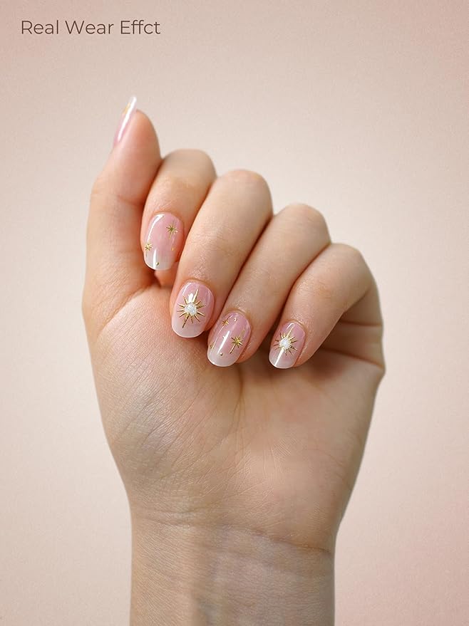 Real Gel Nail Strips (No UV Light Needed) - 44Pcs Salon Quality Nail Stickers - Long Lasting Polish Wraps for Women, Easy Apply & Remove (Satin Line Pink)