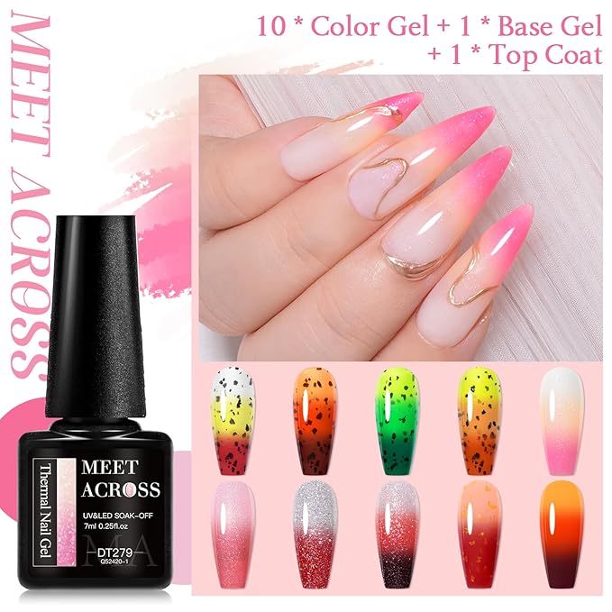 MEET ACROSS 12pcs Glitter Color Changing Gel Nail Polish Set, Thermal Nail Gel Polish Kit, Temperature Color Changing Gel Polish Semi Permanent Soak Off UV Gel for Home Salon