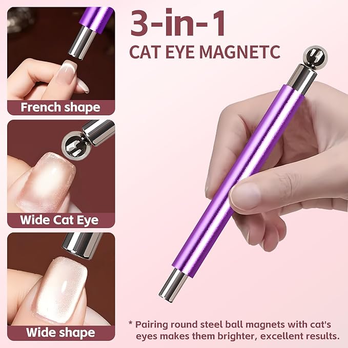 4-Piece Purple Cat Eye Magnet for Gel Nails, Strong Nail Polish Magnet Tool for Cat Eye Gel, Beginner-Friendly Magnetic Nail Art Stick for DIY Salon Designs