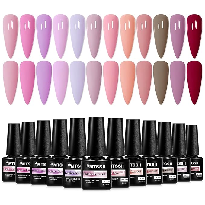MTSSII Rubber Gel Base Coat for Nails, 12 Pcs Nude Pink Rubber Base Gel Polish Neutral Skin Tones Violet Pastel Pink Lavender Long Lasting Protect Soak Off U V LED Builder Gel for Thin Weak Nails