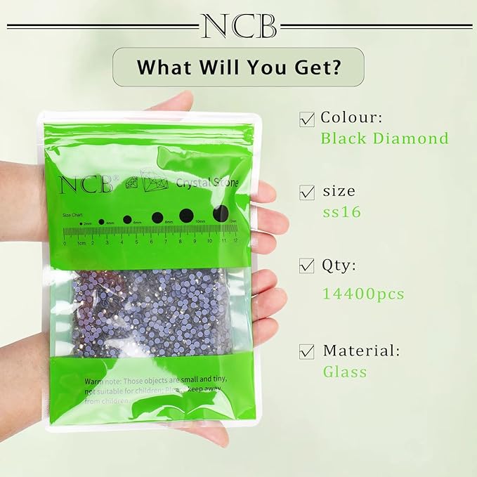NCB 14400pcs Hotfix Crystal Rhinestones for Clothes Crafts, Hot Fix Bulk Flatback Crystals, Iron on Hotfix for DIY Decoration 100 Gross (Black Diamond, ss16/14400pcs)