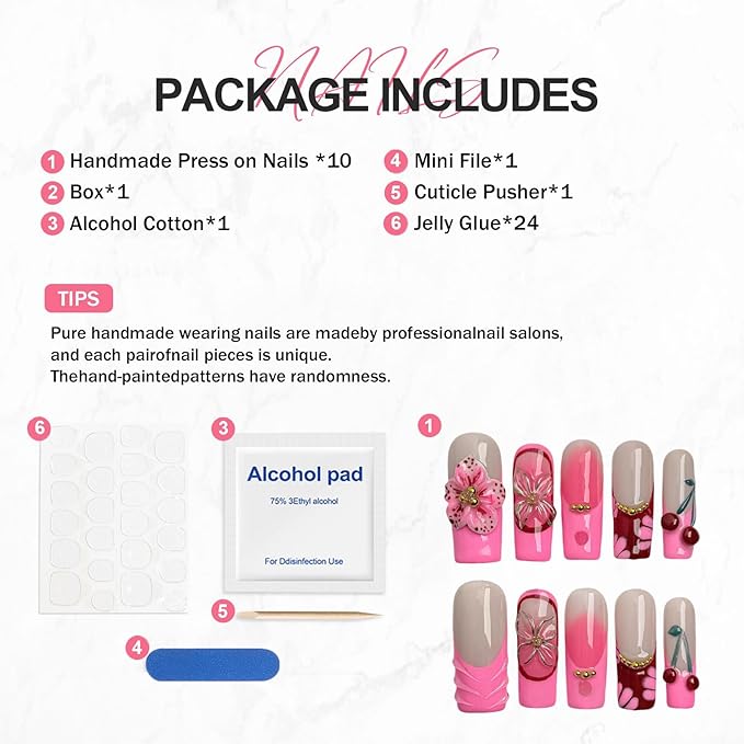 Pink Gradient Press on Nails Long Coffin Fake Nails 3D Luxury Flower Cherry Pattern Design Spring Summer Fruit French Tip Thick False Nails Golden Steel Ball Acrylic Nail for Women Nail DIY (Size M)