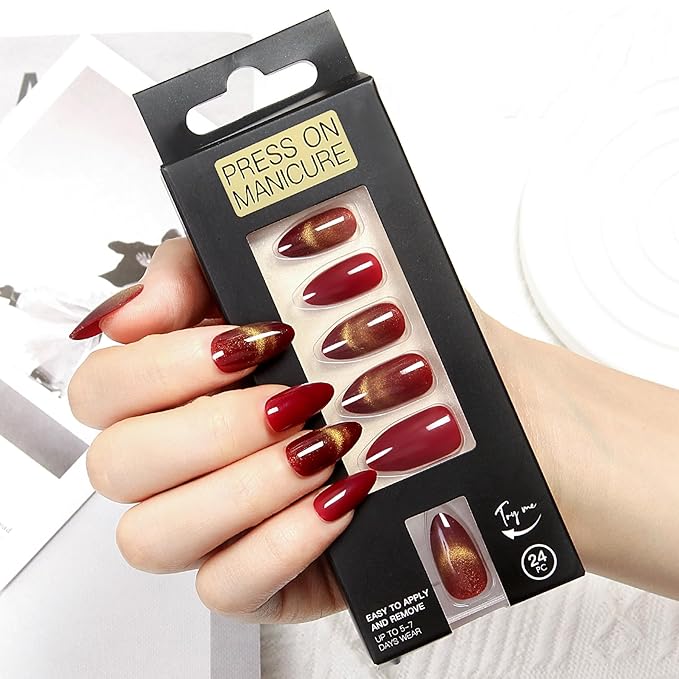 Red Cat Eye Press On Nails - Almond Glitter Static Fake Nails, Handcrafted Reusable Manicure for Glam Party Style, 24 Nails in 12 Sizes with Glue, Tabs, File, Prep Pad, Manicure Stick