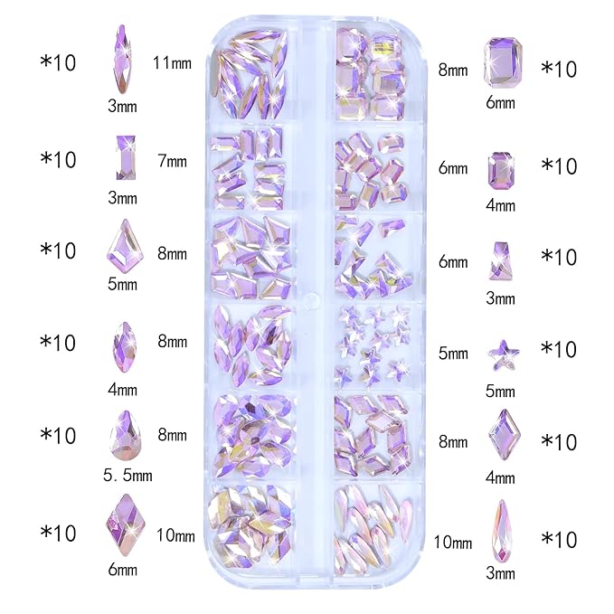 HNUIX Nail Rhinestones - 1600pcs 3D Multi Shape Size Crystal, Pink AB Nail Gems, Flat Back, with Kit, for Nail Art, DIY Decorations