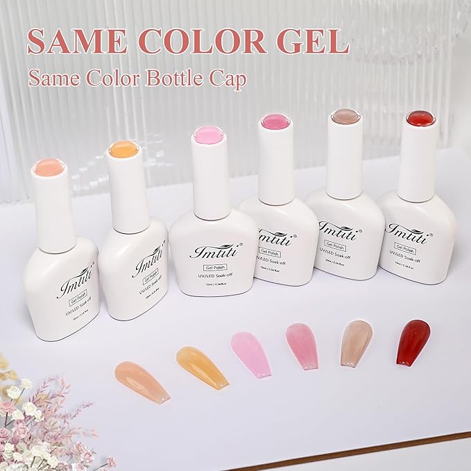 Imtiti Jelly Gel Nail Polish Set,6 Pcs 10ml Same Color Same Bottle Cap Nude Pink Gel Polish Set UV/LED Soak Off Jelly Sheer Translucent for Salon DIY at Home(10ml*6)