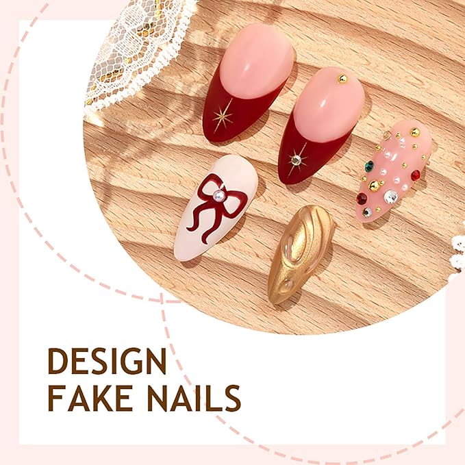 Christmas Press on Nails Medium Almond MABKJLF Fake Nails French Tip False Nails with Rhinestones Bow Pearls Designs Full Cover Glossy Glue on Nail Acrylic Nails for Women Girls 24Pcs