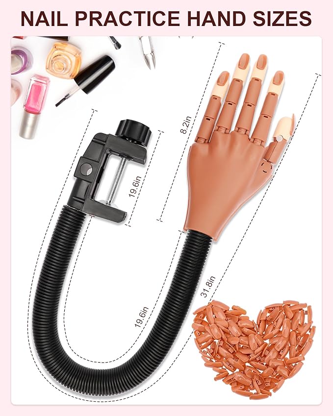 Practice Hand for Acrylic Nails, Flexible Nail Practice Hands Magnetic Fake Hands for Nails Practice, Movable Nail Mannequin Hand with 200PCS Nail Tips for Beginners