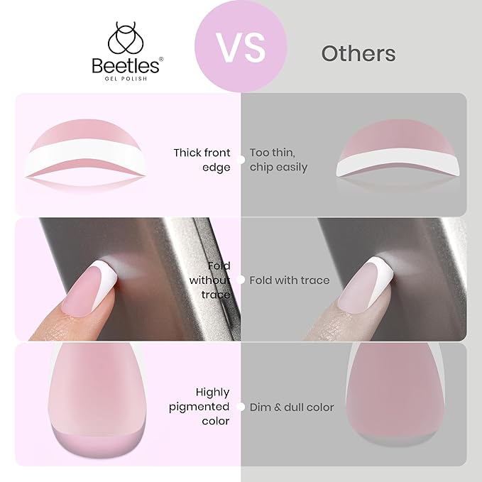 Beetles Short Square French Tip Press on Nails, 224Pcs French Tip Press on Nails Pink Short Square Shape Nail Tips, No Need to File Fake Nails for Nail Art DIY Gifts for Women