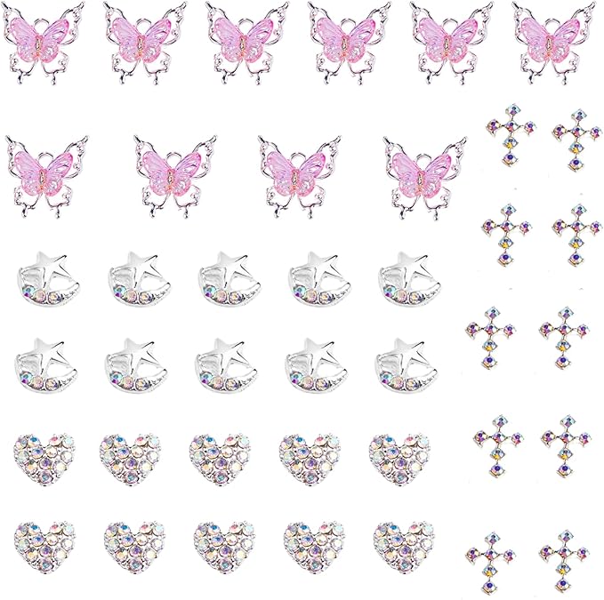 Bling Nail Charms Pink 3D Nail Charms and Gems Aurora Butterfly Cute Silver Cross Star Charms Chrome Heart Silver Y2K Nail Gems with Rhinestones Metallic Nail Art Accessories