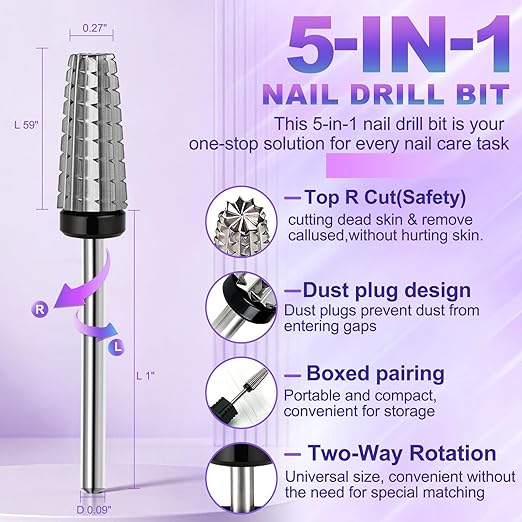 FANTEXY 3/32" Carbide Nail Drill Bits - 5 in 1 Cuticle Drill Bits for Nails, Gel Remover Drills Bit, Nails File Bits for Old Skin and Nails, Manicure Pedicure Gel Polishing (Extra Coarse - XC)