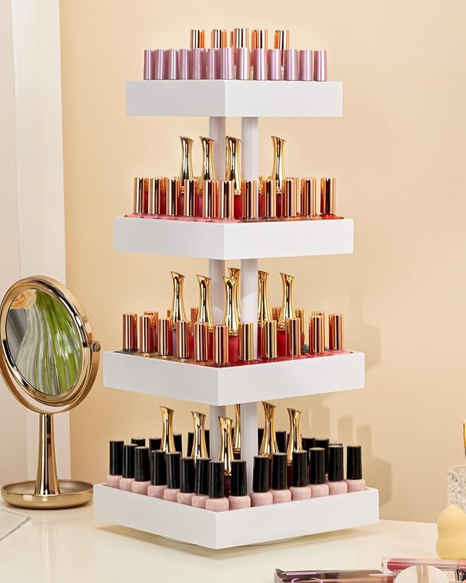 Homde Nail Polish Display Stand and Storage: 360 Degree Rotating Bamboo Rack Organizer, 4 Tier Makeup Holder for Fast Access on Countertop or Vanity for Girls & Women,White