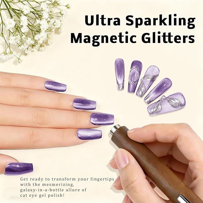 Gel Nail Polish Set, Cat Eye Gel Polish Kit, Holographic Reflective Magnetic Shimmer Glitter Dark Light Purple Gel, Manicure Salon DIY Gifts, Soak Off, UV/LED Cured (9 Colors C)