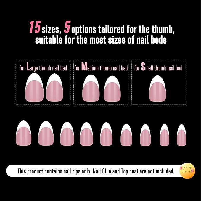 NOVO OVO White French Tip Almond Nail Tips Press on BERRY PINK, Extra Thick Medium Soft Gel Fake Nail Acrylic Extension, Need Builder Gel Top Coat, No Glue Included, for Salon DIY x 15 Sizes 240 pcs