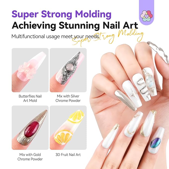 SAVILAND SSPro X 3D Nail Gel Kit: 15g No Wipe Clear 3D Sculpting Gel for Nail Art Design Molding Carving Drawing Sculpture and Decoration with Chrome Powder Silicone 3D Molds Home Salon DIY Nail Art